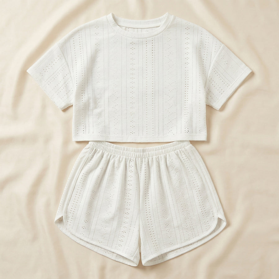 Floral White Cotton Pajama Set with Cropped Top-Pajama Set-Bellascena-bellascena