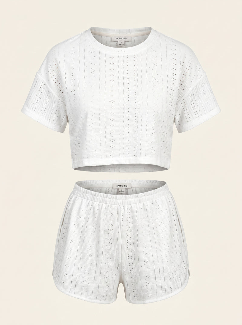 Floral White Cotton Pajama Set with Cropped Top