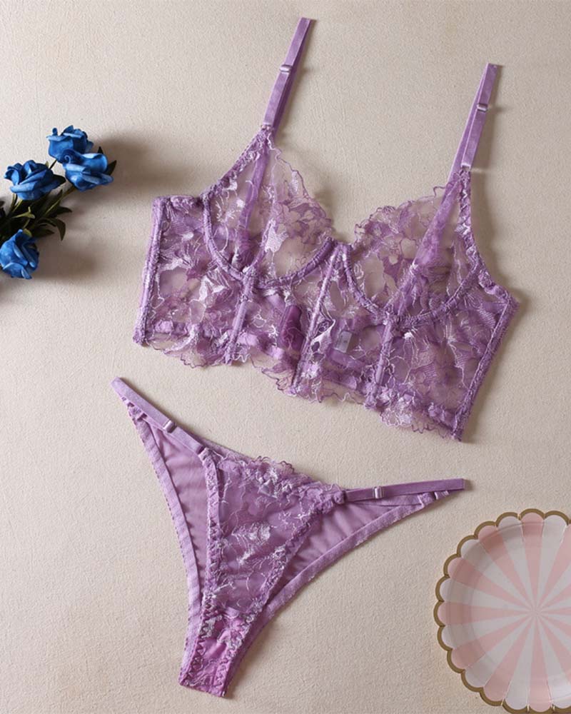Floral White Embroidered Lace Lingerie Set with Sheer Details-Lingerie Set-Bellascena-bellascena