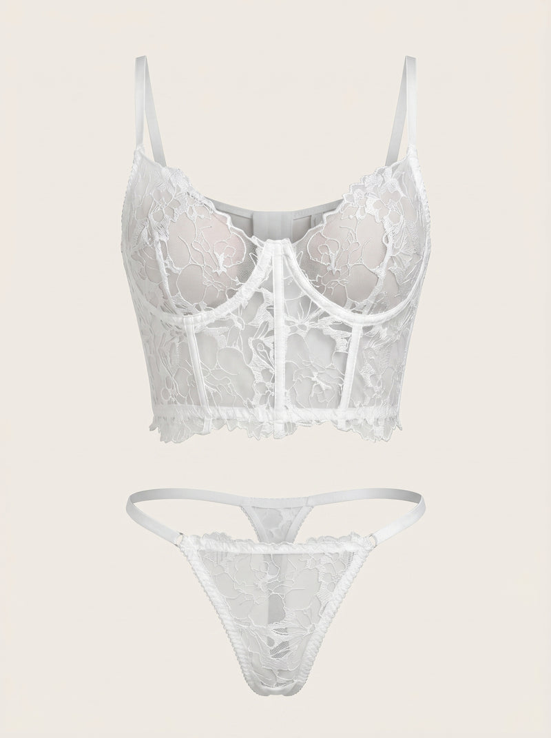 Floral White Embroidered Lace Lingerie Set with Sheer Details