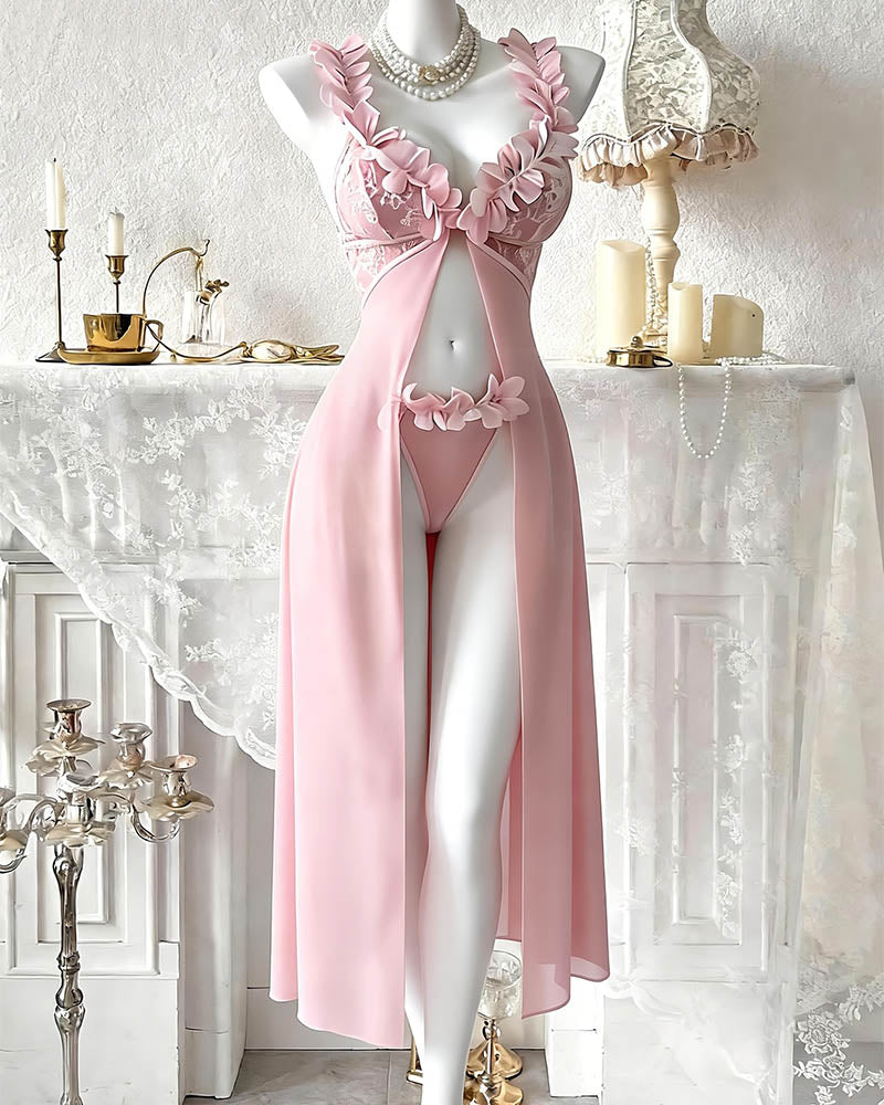 Floral White Sheer Mesh Lingerie Set with Floral Appliqué-Nightgown-Bellascena-bellascena