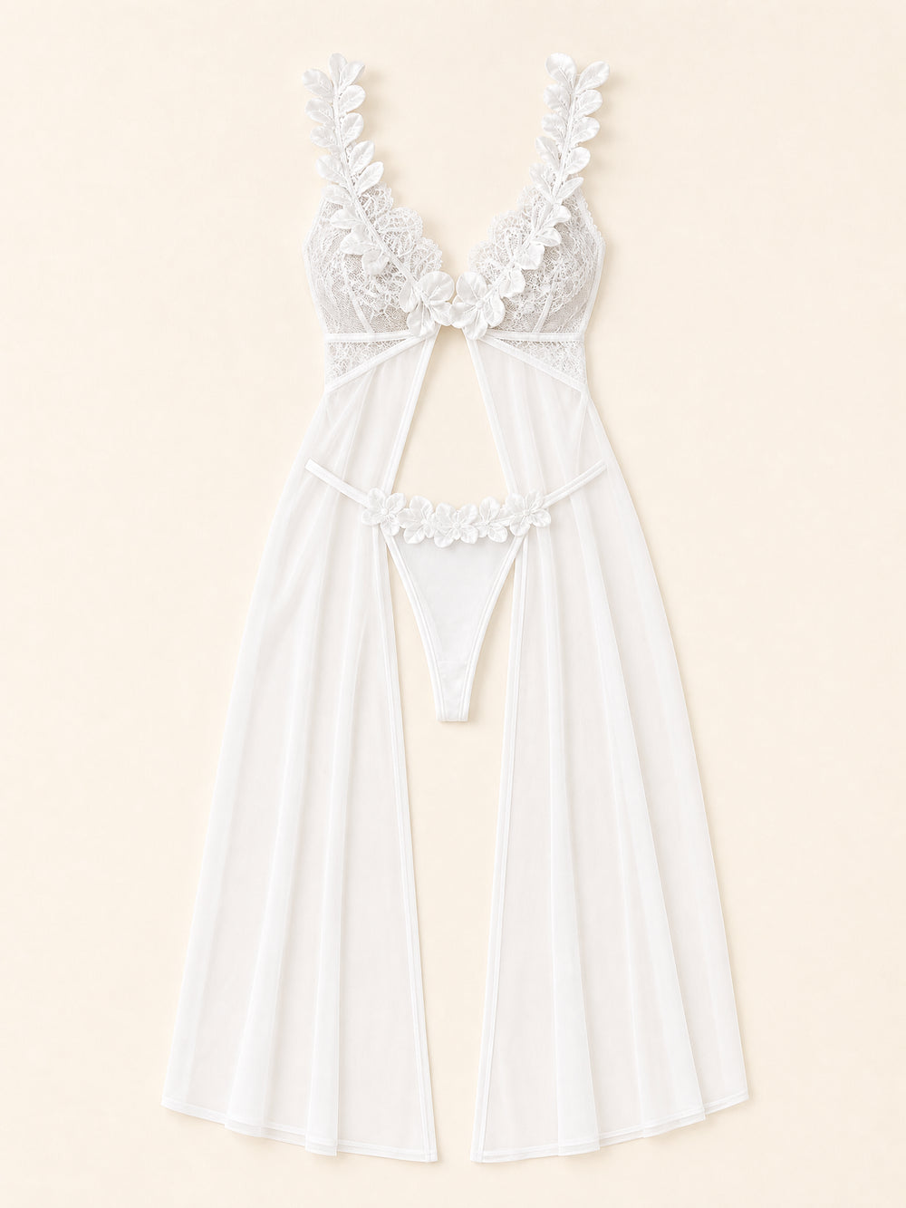 Babydoll en maille transparente blanc floral avec appliqué floral