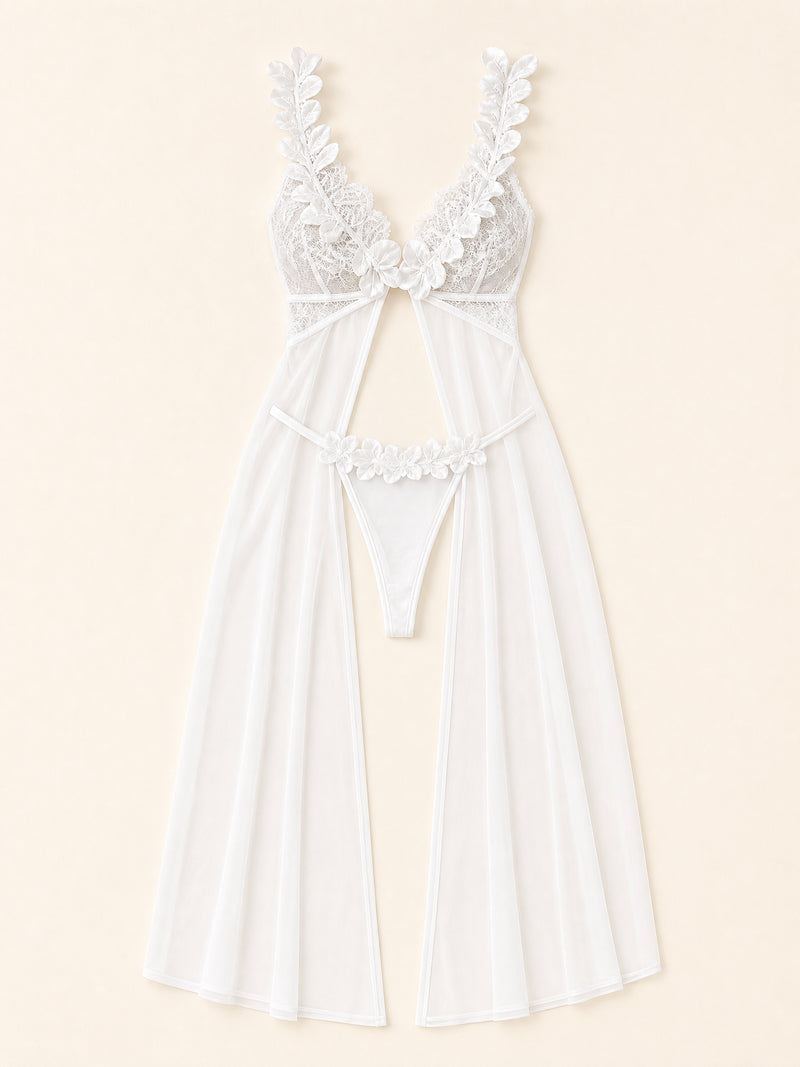 Floral White Sheer Mesh Lingerie Set with Floral Appliqué