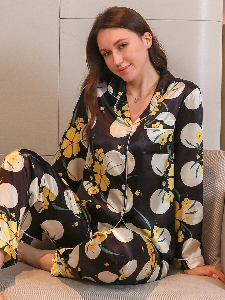 Floral Yellow Satin Pajama Set with Piping Detail-Pajama Set-Bellascena-Black-S-bellascena