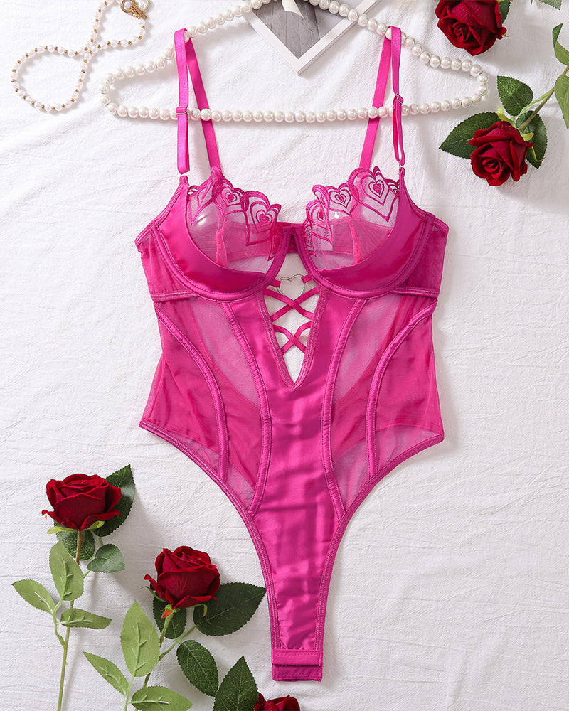 Fuchsia Heart Embroidered Mesh Bodysuit with Strappy Cutouts-Bodysuit-Bellascena-Rose Red-S-bellascena