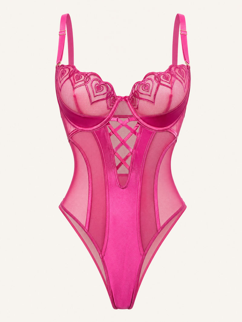 Fuchsia Heart Embroidered Mesh Bodysuit with Strappy Cutouts