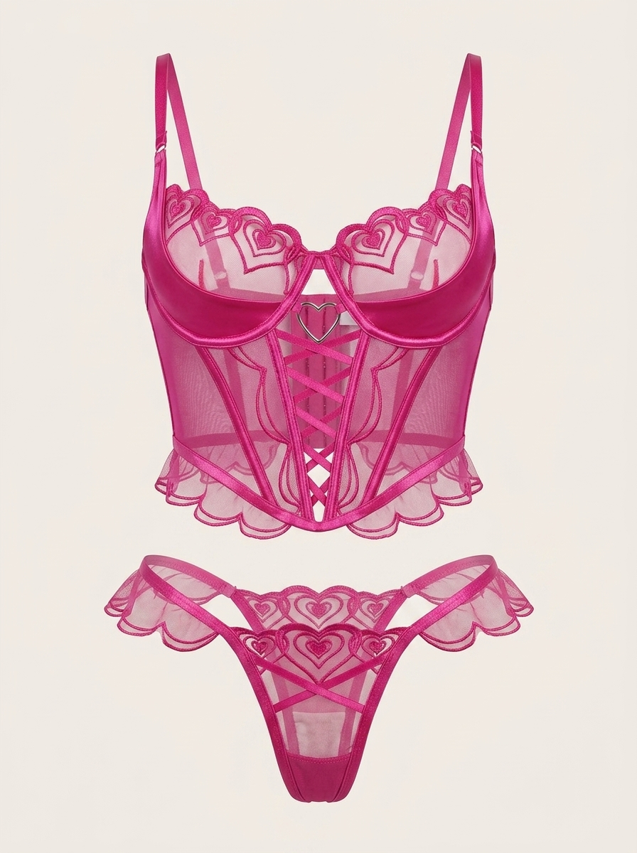 Ensemble de lingerie en résille fuchsia avec corset et bords festonnés