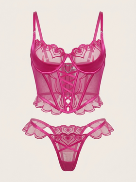 Fuchsia Heart Mesh Corset with Scalloped Edges-Bodysuit-Bellascena-bellascena
