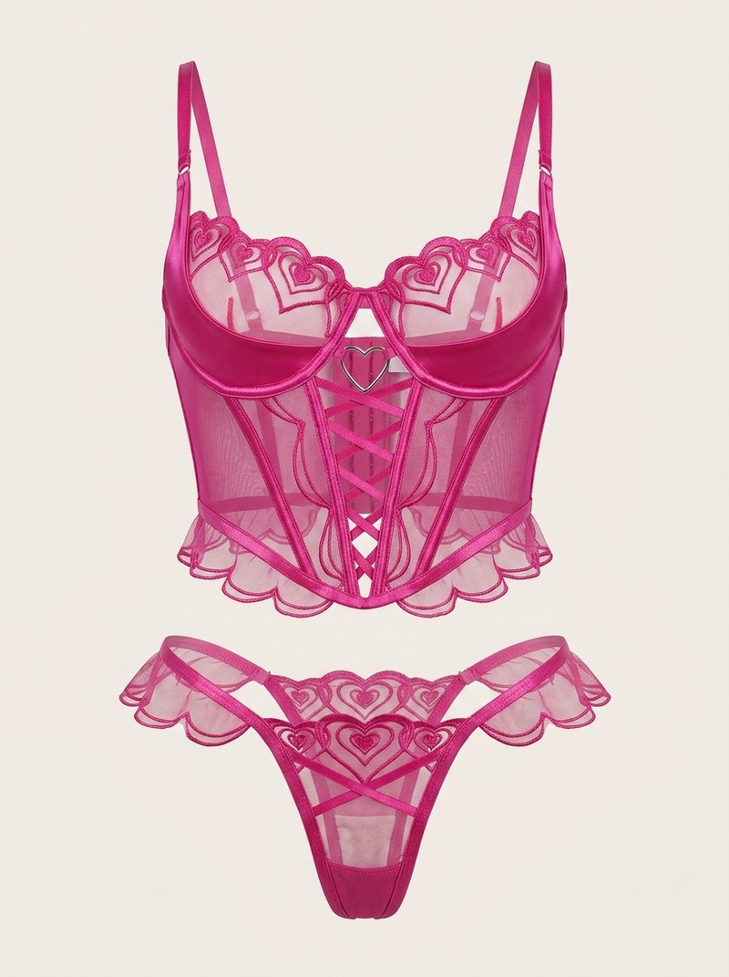 Fuchsia Heart Mesh Corset with Scalloped Edges