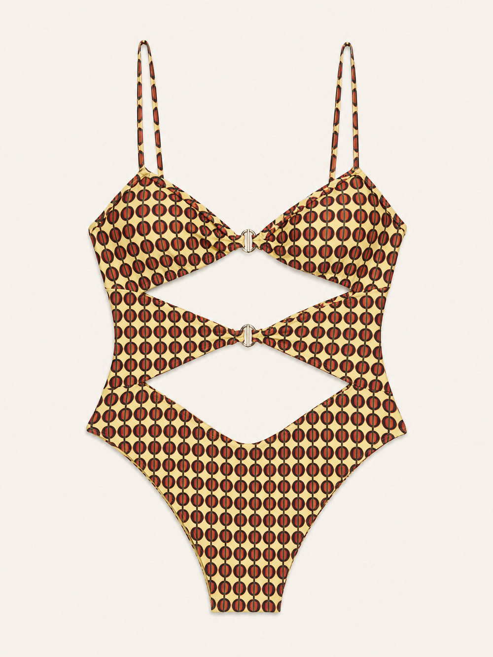 Costume intero in raso con stampa geometrica e cut-out