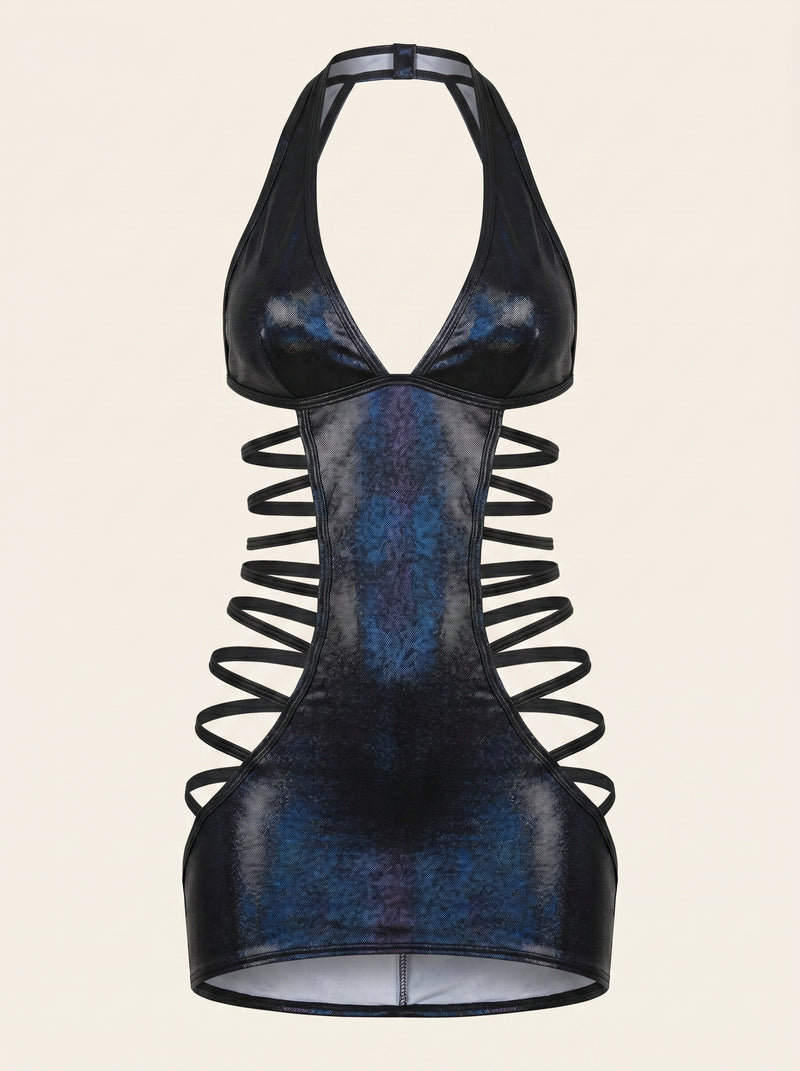 Glossy Black Nightdress with Backless Lace-up Detail