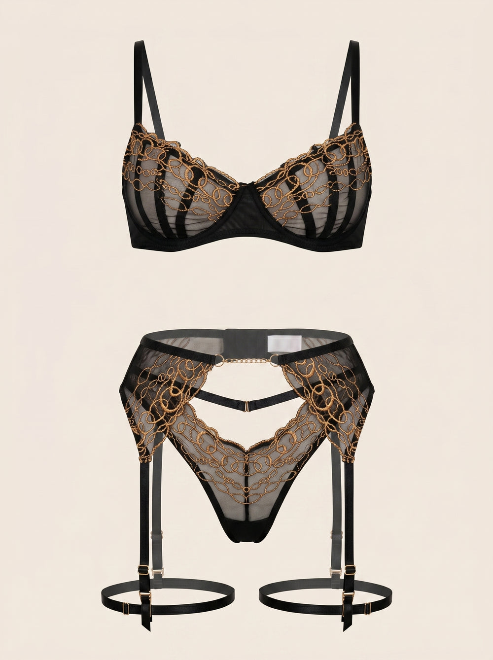 Goldenes Mesh-Dessous-Set mit Kettenstickerei und Riemchen-Detail