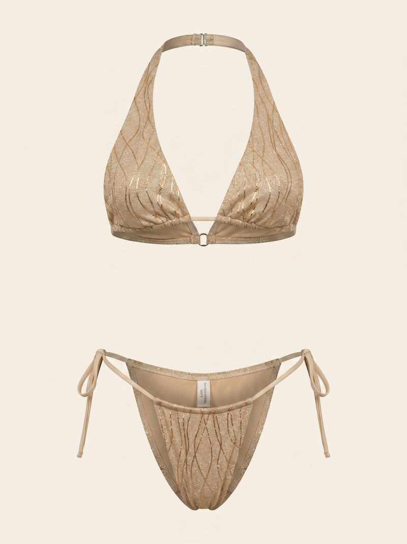 Set di costumi da bagno in tulle dorato brillante con cut-out