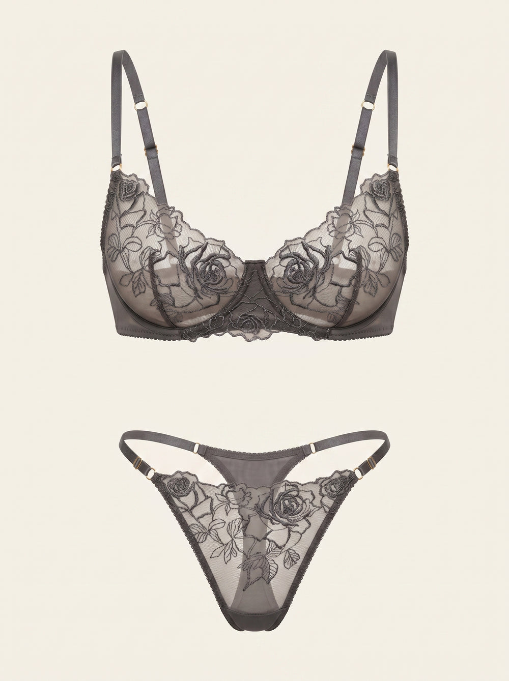 Graues Spitzen-Dessous-Set mit Blumenmuster und Riemchen-Eleganz