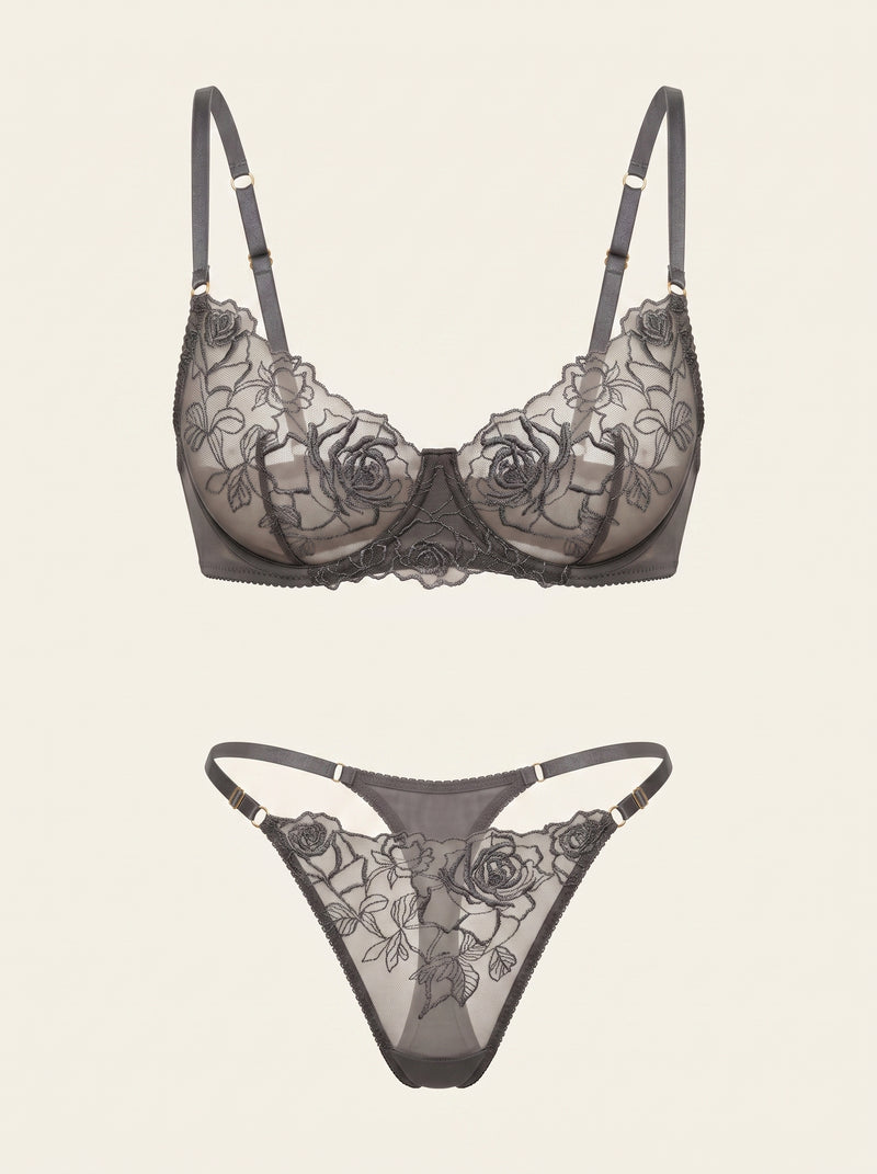 Gray Floral Lace Lingerie Set with Strappy Elegance