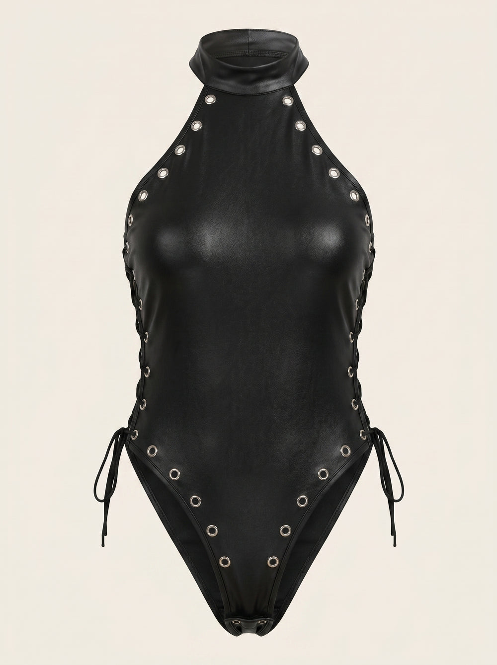 Body nero in ecopelle con scollo all’americana e dettagli con stringhe