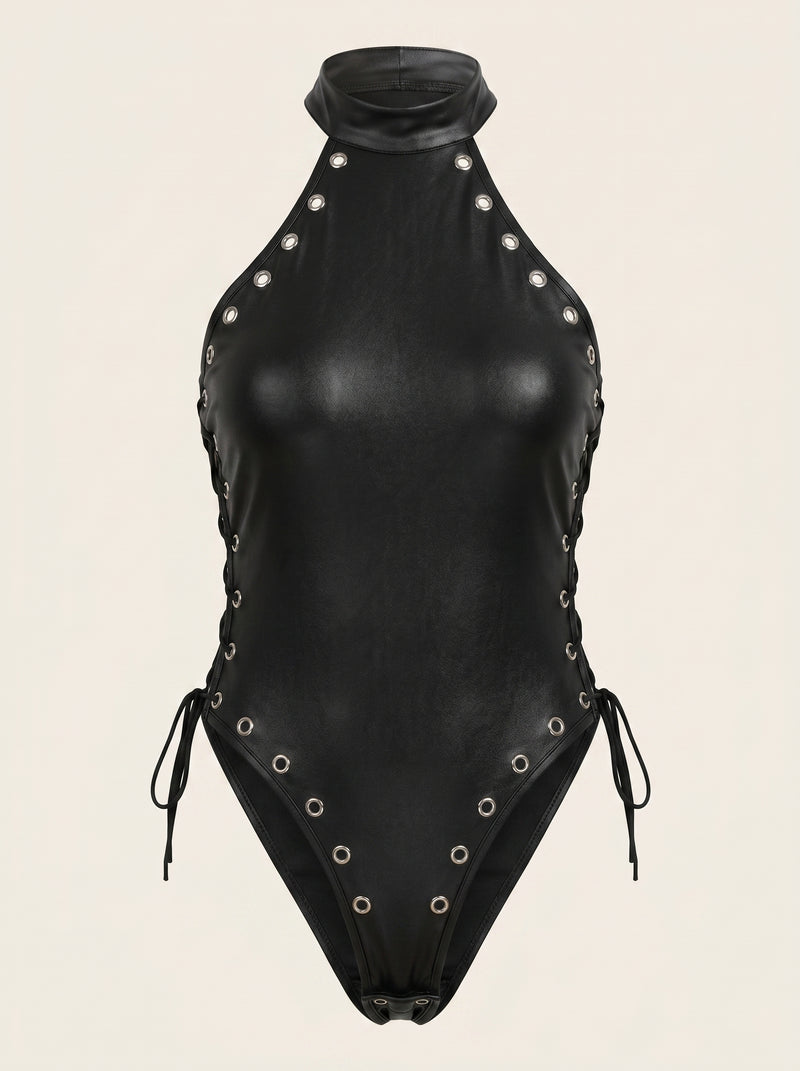 Halter Black Faux Leather Bodysuit with Lace-Up Detail