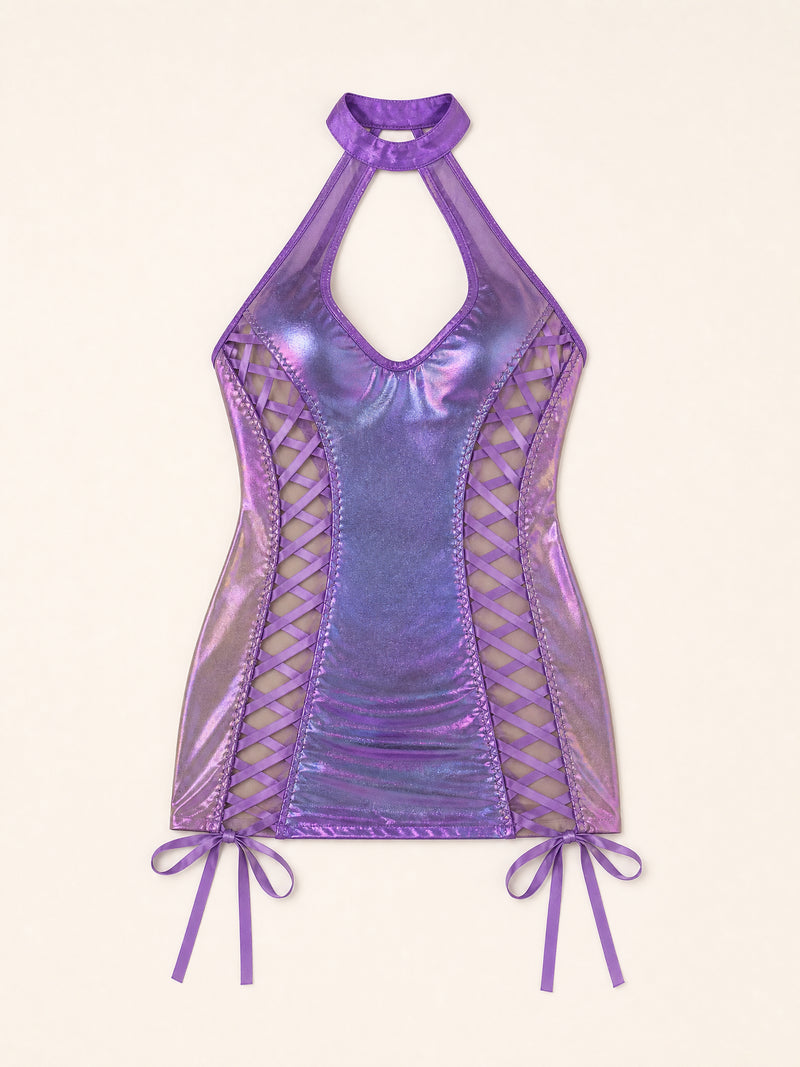 Halter Neck Iridescent Purple Satin Nightgown with Lace-Up Sides