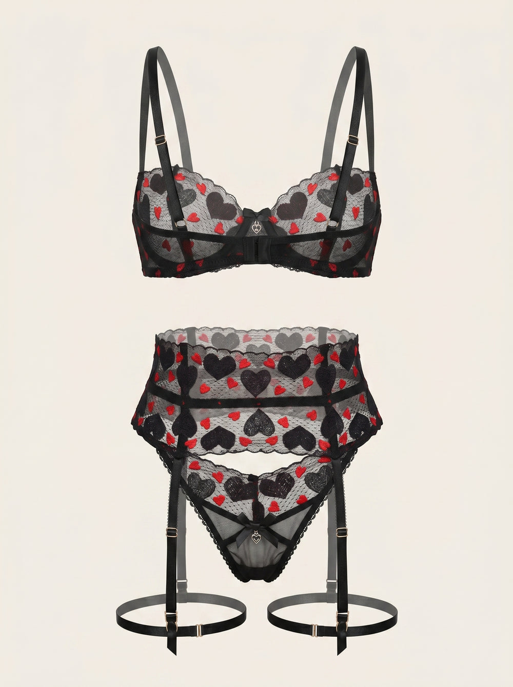 Heart Embroidered Black Mesh Lingerie Set with Strappy Garters