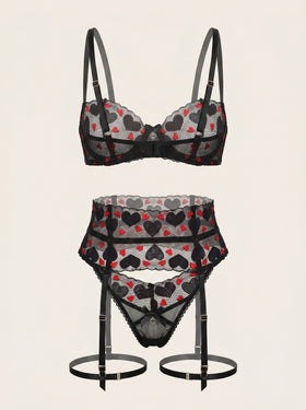 Heart Embroidered Black Mesh Lingerie Set with Strappy Garters-Lingerie Set-Bellascena-Black-S-bellascena