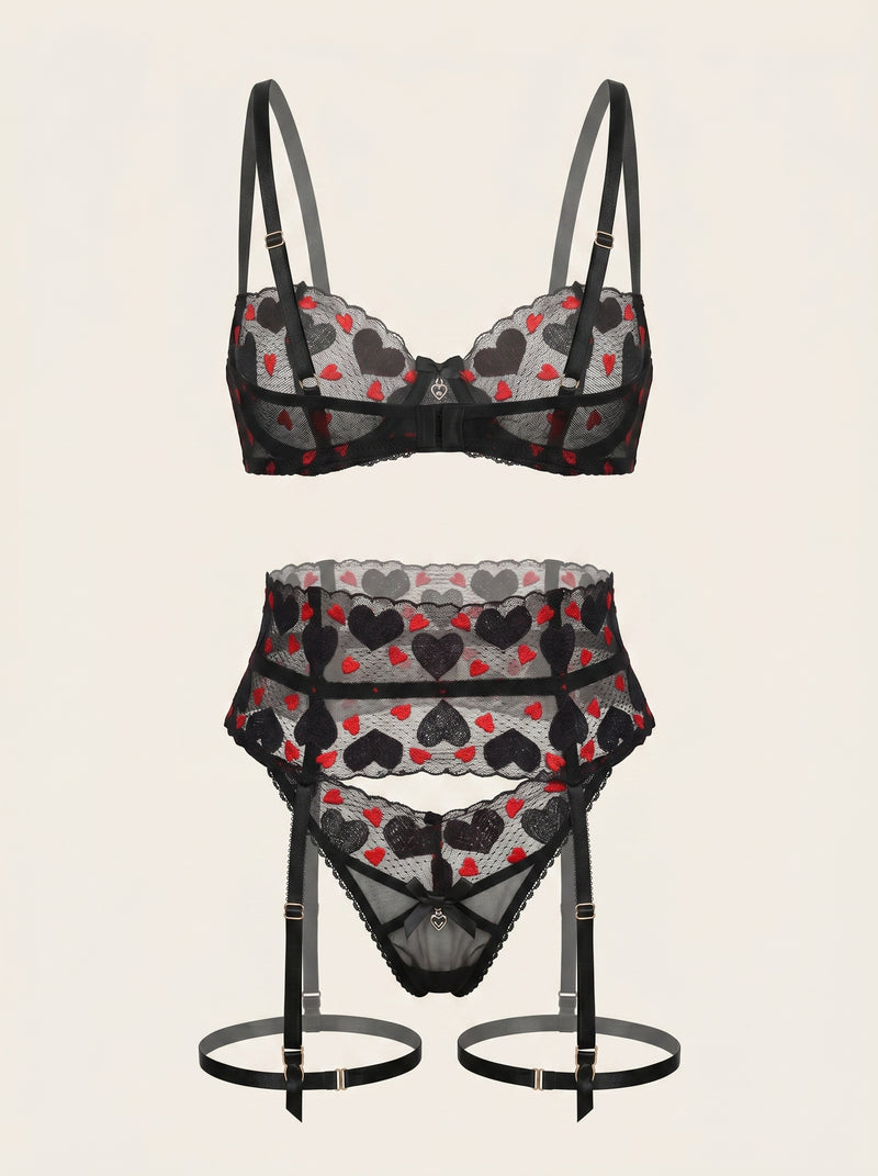 Heart Embroidered Black Mesh Lingerie Set with Strappy Garters