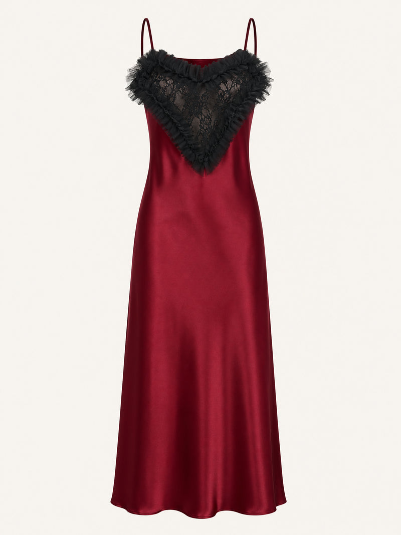 Heart Lace Deep Red Satin Nightgown with Straps