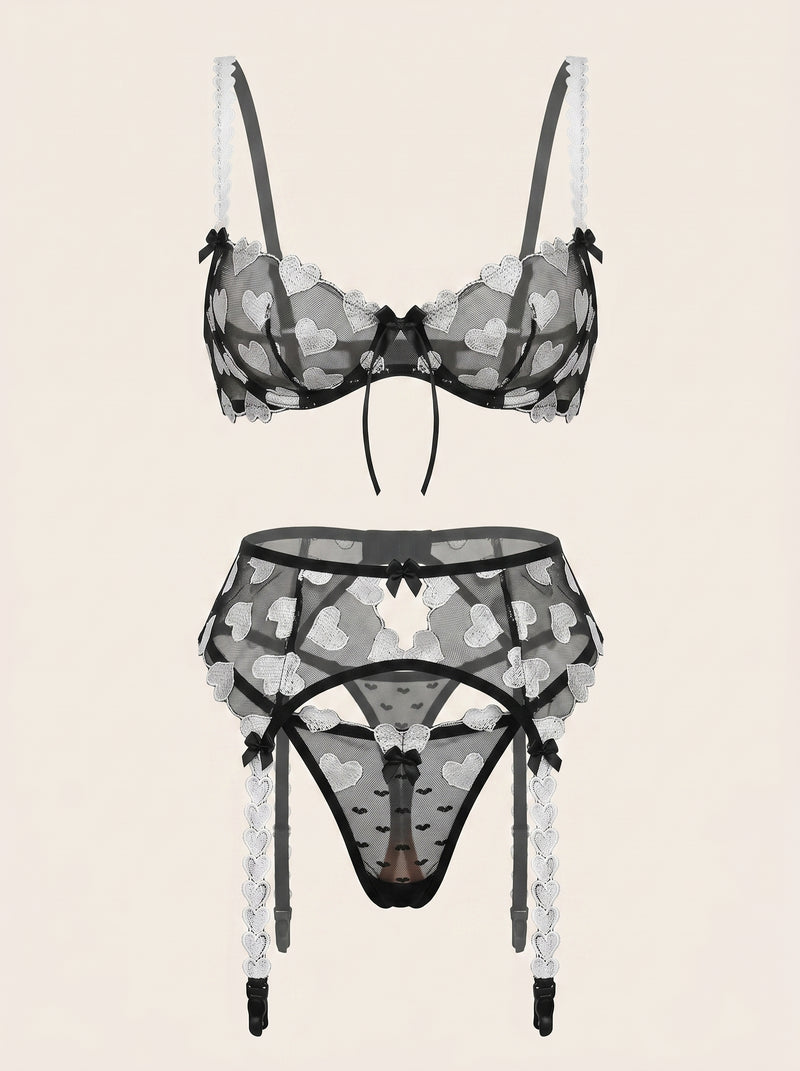 Heart Pattern Embroidered Mesh Lingerie Set with Sheer Strappy Design