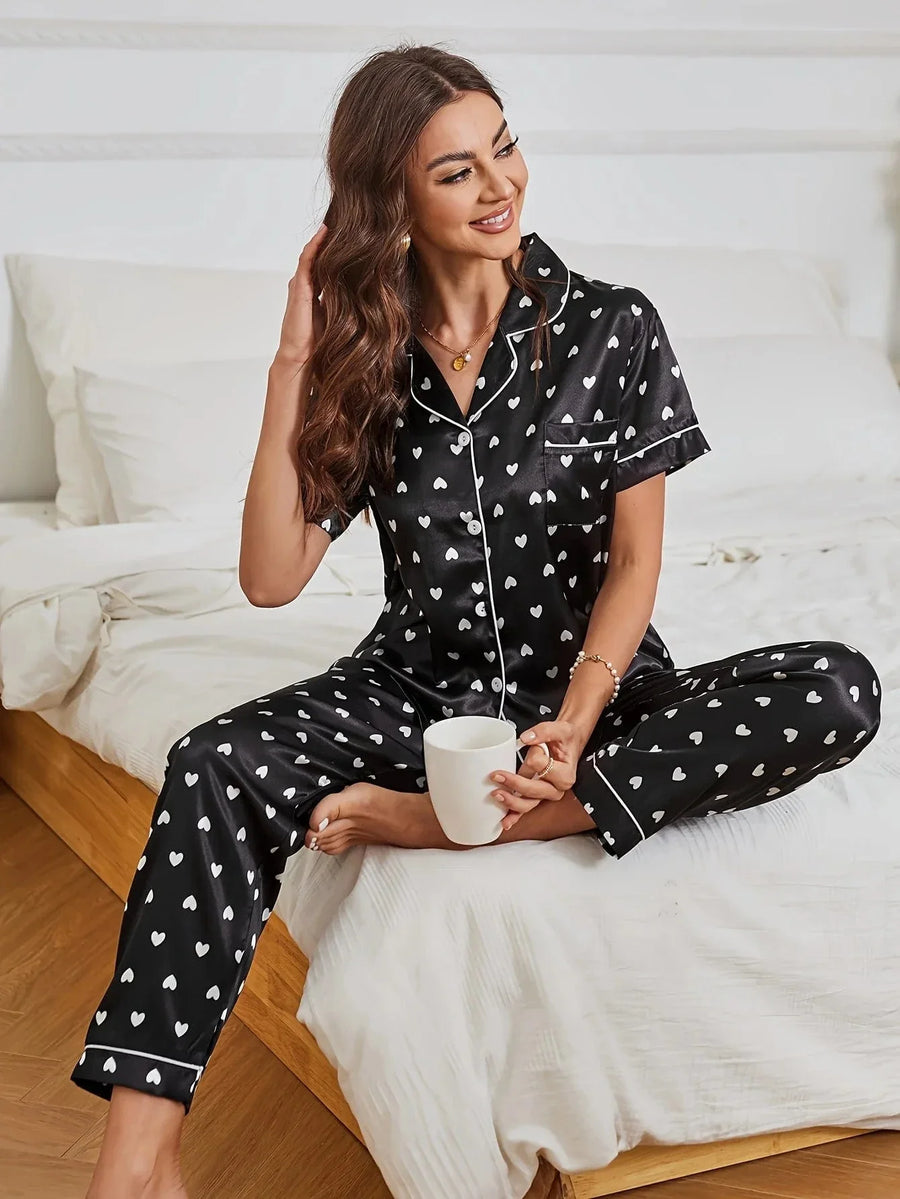Heart Print Black Satin Pajama Set with Notched Collar-Pajama Set-Bellascena-bellascena