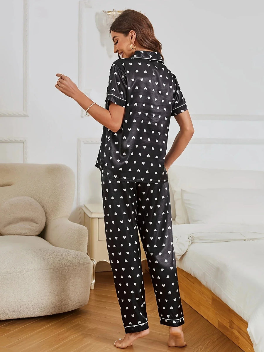 Heart Print Black Satin Pajama Set with Notched Collar-Pajama Set-Bellascena-bellascena