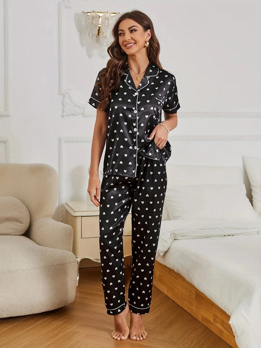 Heart Print Black Satin Pajama Set with Notched Collar-Pajama Set-Bellascena-bellascena