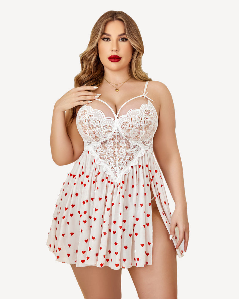 Heart Print Lace Nightgown with Side Slit-Nightgown-Bellascena-bellascena