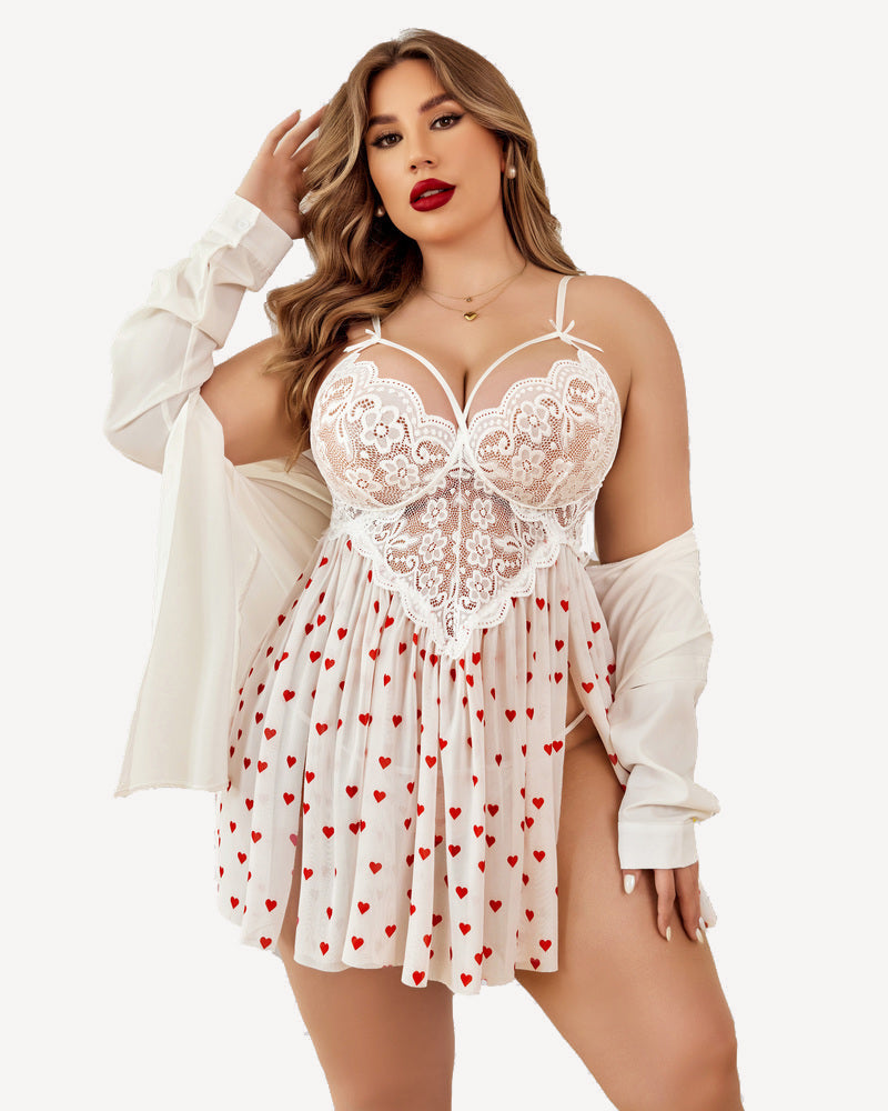 Heart Print Lace Nightgown with Side Slit-Nightgown-Bellascena-bellascena