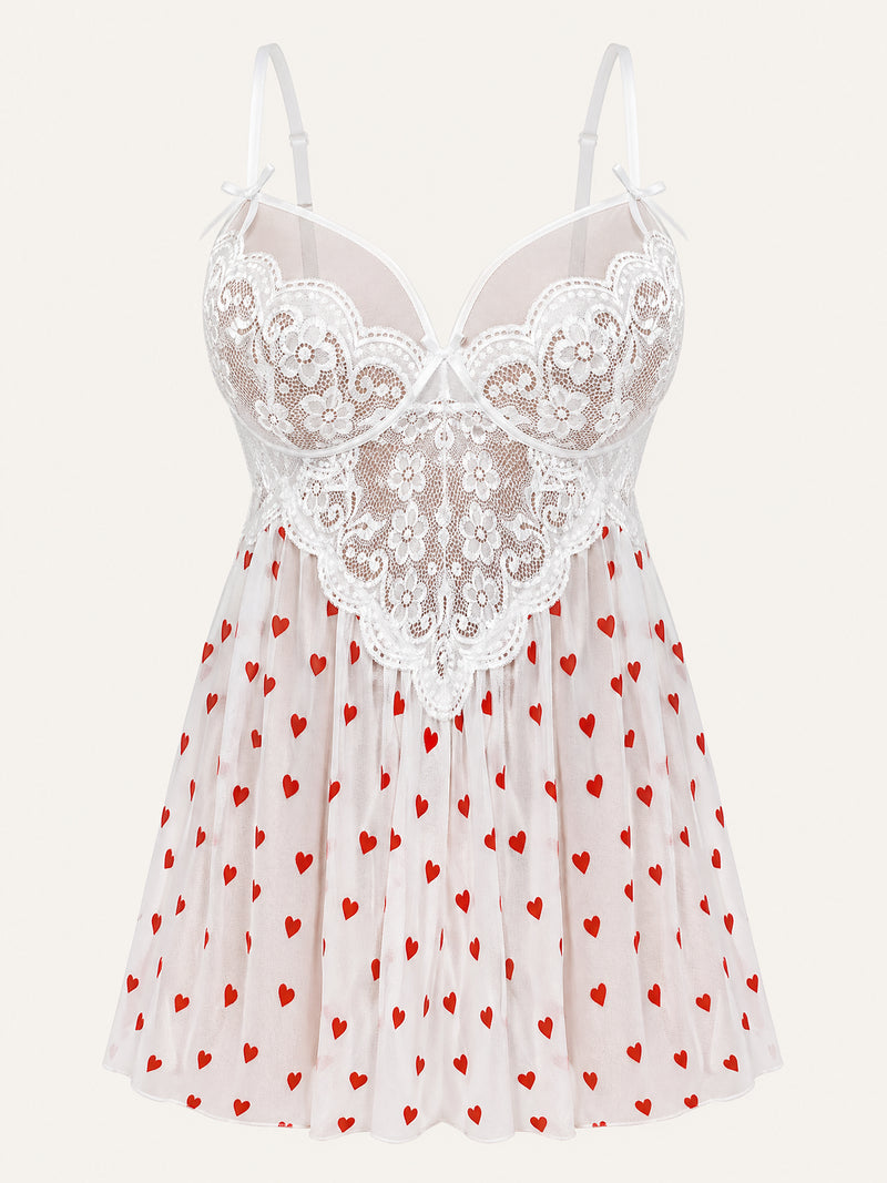 Heart Print Lace Nightgown with Side Slit