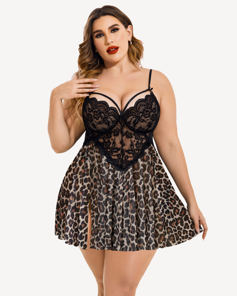 Heart Print Lace Nightgown with Side Slit-Nightgown-Bellascena-Leopard-L-bellascena