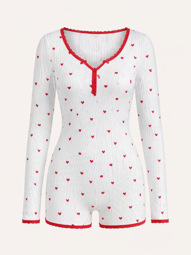 Heart Print Ribbed Cotton Bodysuit with Lace Trim