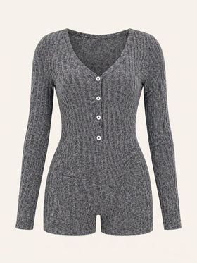 Heather Grey Knit Bodysuit with Button-Up Detail-Bodysuit-Bellascena-S-Grey-bellascena