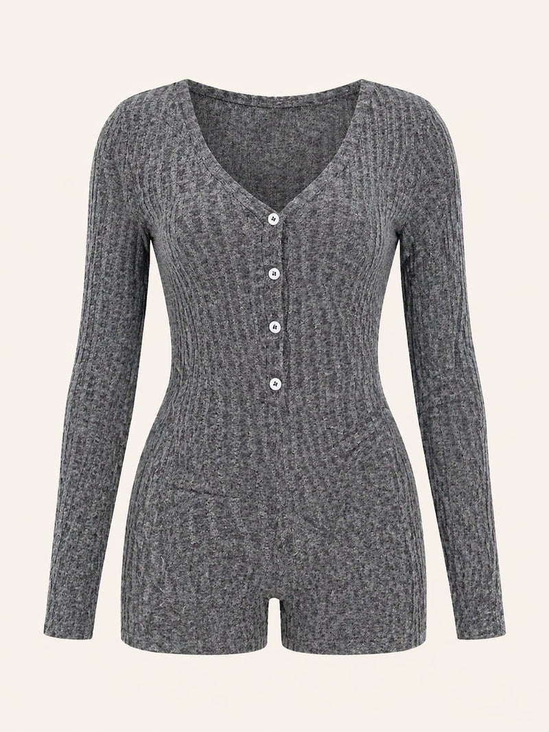 Heather Grey Knit Bodysuit with Button-Up Detail