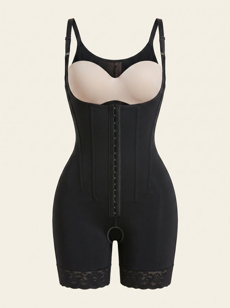 High-Waist Black Cotton Bodysuit with Lace Trim