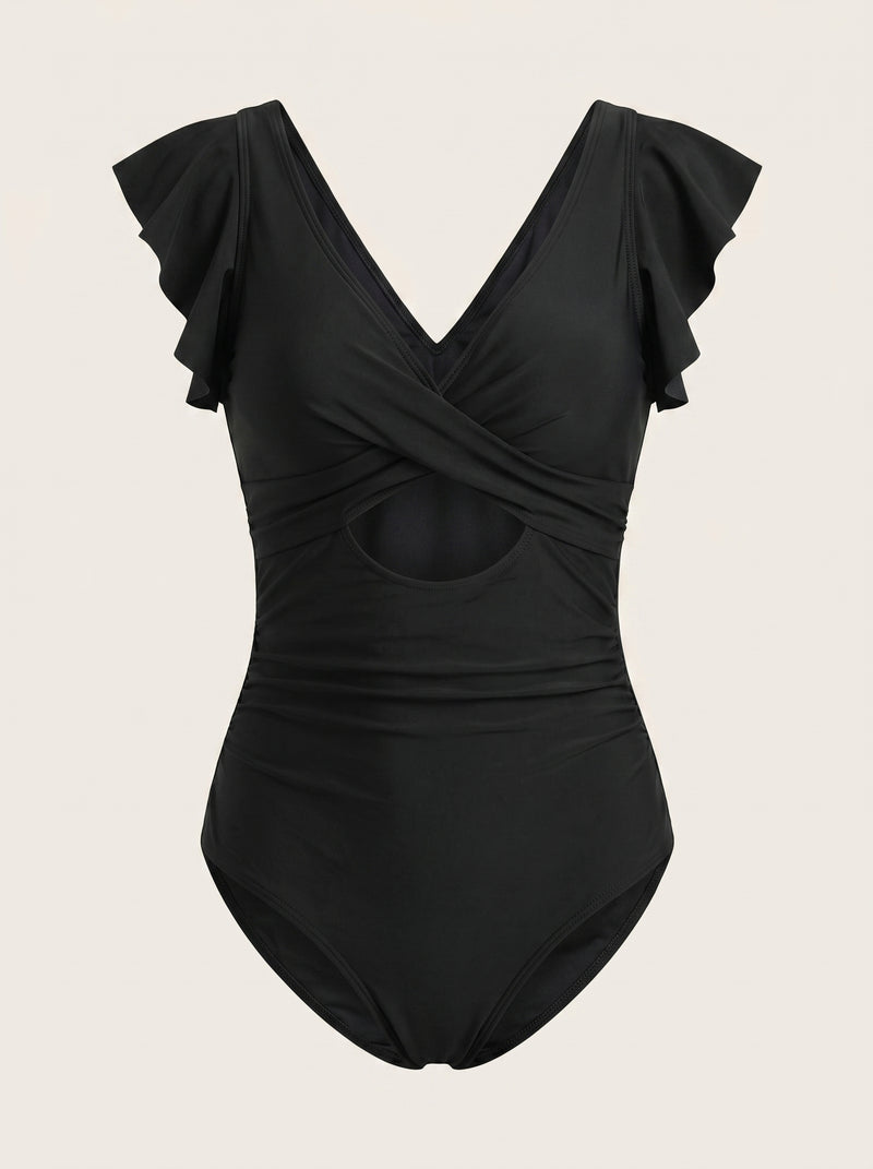 Ensemble de maillot de bain noir mat extensible taille haute avec design ajouré