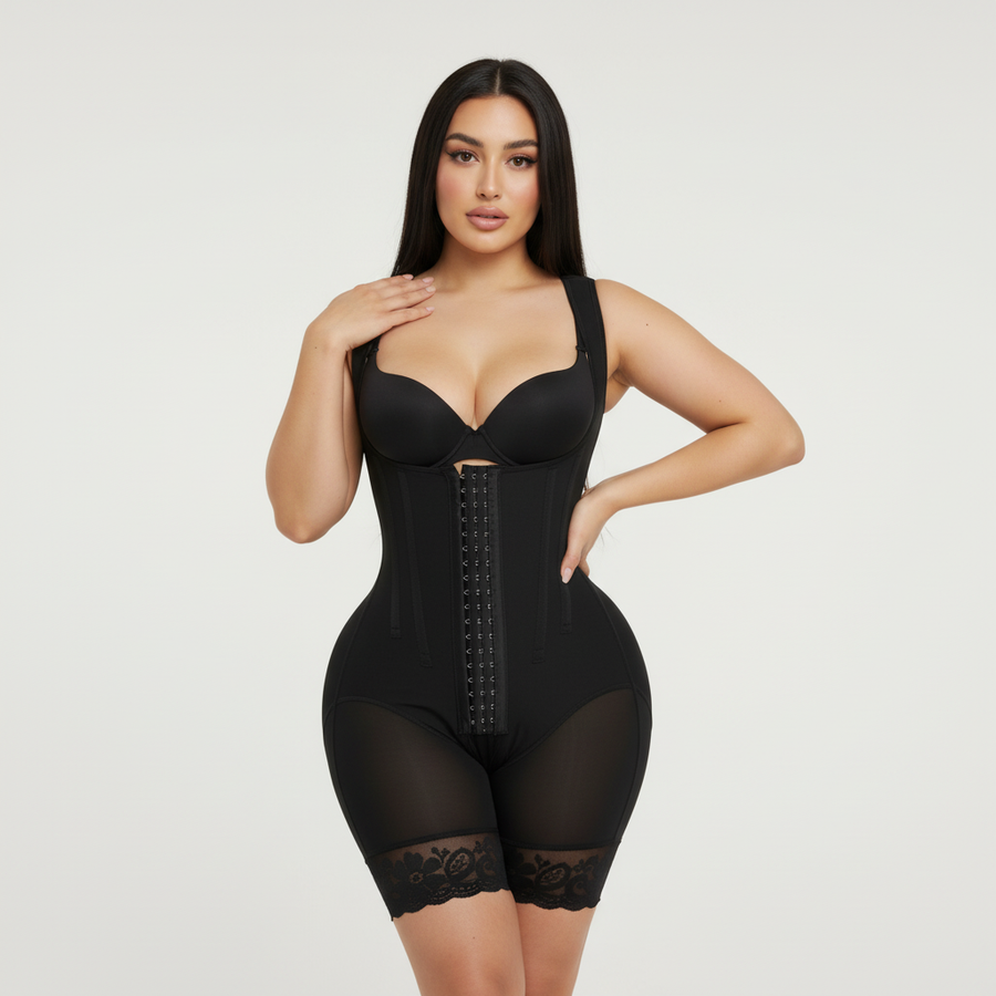 High-Waist Black Mesh Bodysuit with Lace Trim-Bodysuit-Bellascena-bellascena