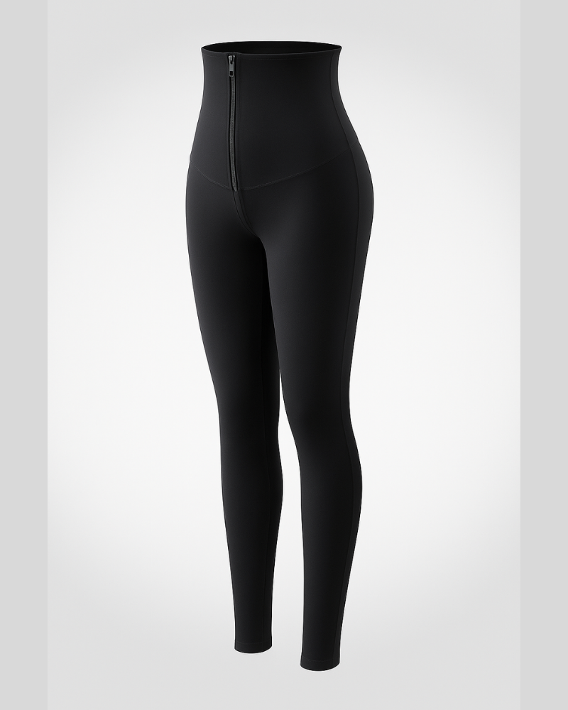 High-Waist Black Neoprene Active Wear Leggings with Zipper Closure-Active Wear-Bellascena-bellascena