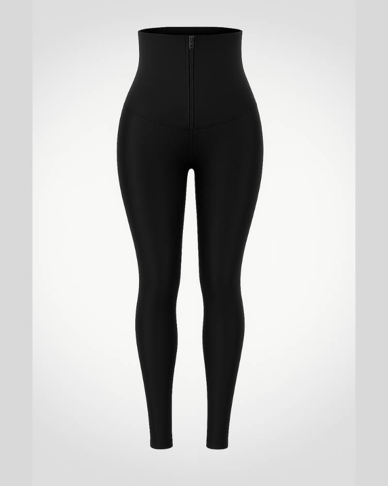 High-Waist Black Neoprene Active Wear Leggings with Zipper Closure-Active Wear-Bellascena-bellascena