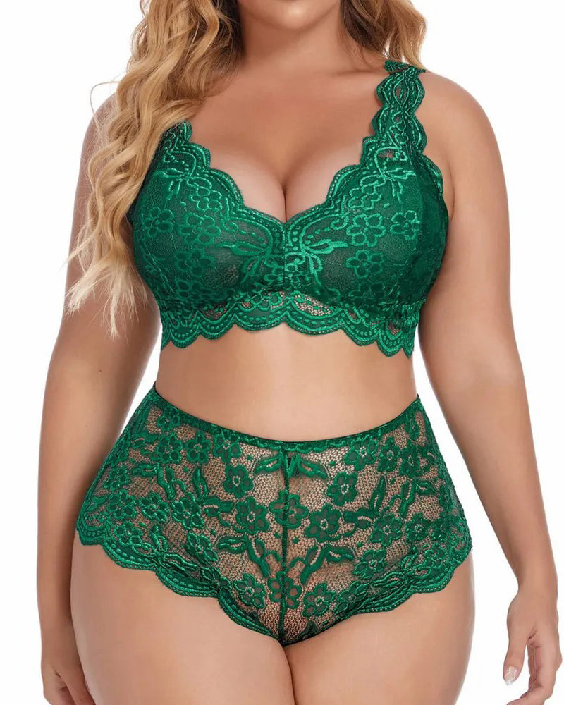 High-Waist Emerald Green Lace Bralette Set with Scalloped Edges-Lingerie Set-Bellascena-bellascena