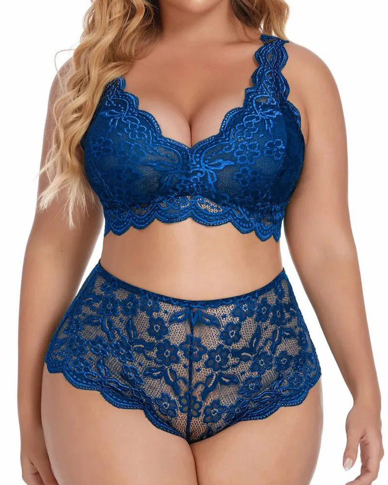 High-Waist Emerald Green Lace Bralette Set with Scalloped Edges-Lingerie Set-Bellascena-Blue-S-bellascena