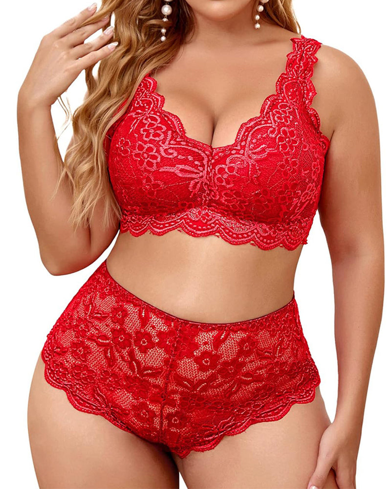 High-Waist Emerald Green Lace Bralette Set with Scalloped Edges-Lingerie Set-Bellascena-Red-S-bellascena