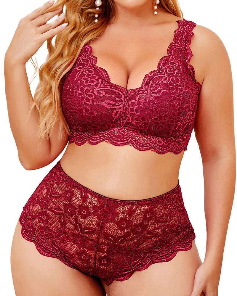 High-Waist Emerald Green Lace Bralette Set with Scalloped Edges-Lingerie Set-Bellascena-Wine Red-S-bellascena