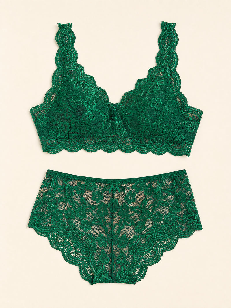 Set bralette in pizzo verde smeraldo a vita alta con bordi smerlati