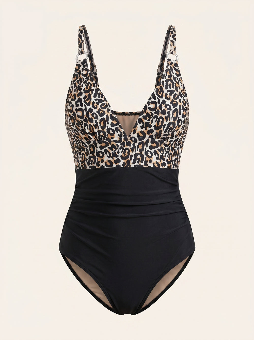 Costume da bagno in poliestere a vita alta con stampa leopardata e dettagli con spalline intrecciate