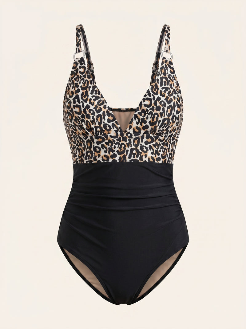 High-Waist Leopard Print Polyester Swimwear Set with Strappy Details