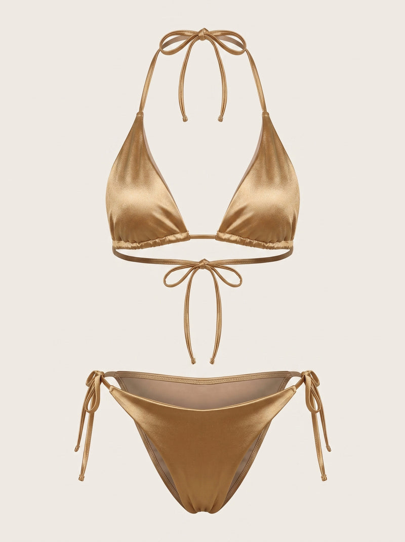 High-Waist Metallic Gold Satin Swimwear Set with Strappy Elegance